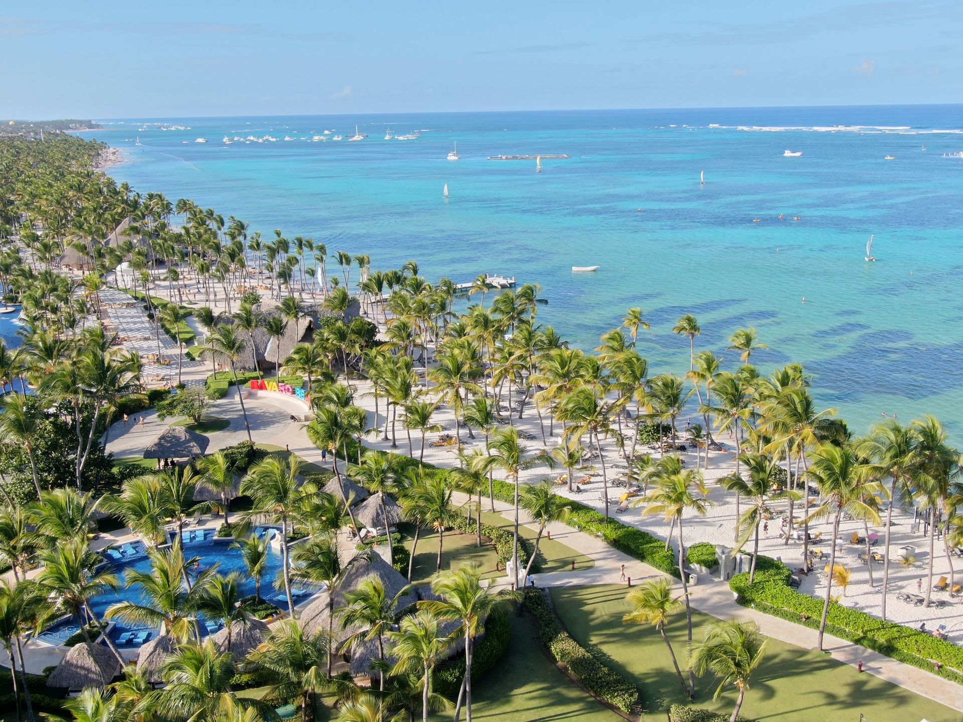 Palm-lined tropical beach resort beside bright blue ocean with boats offshore, Punta Cana