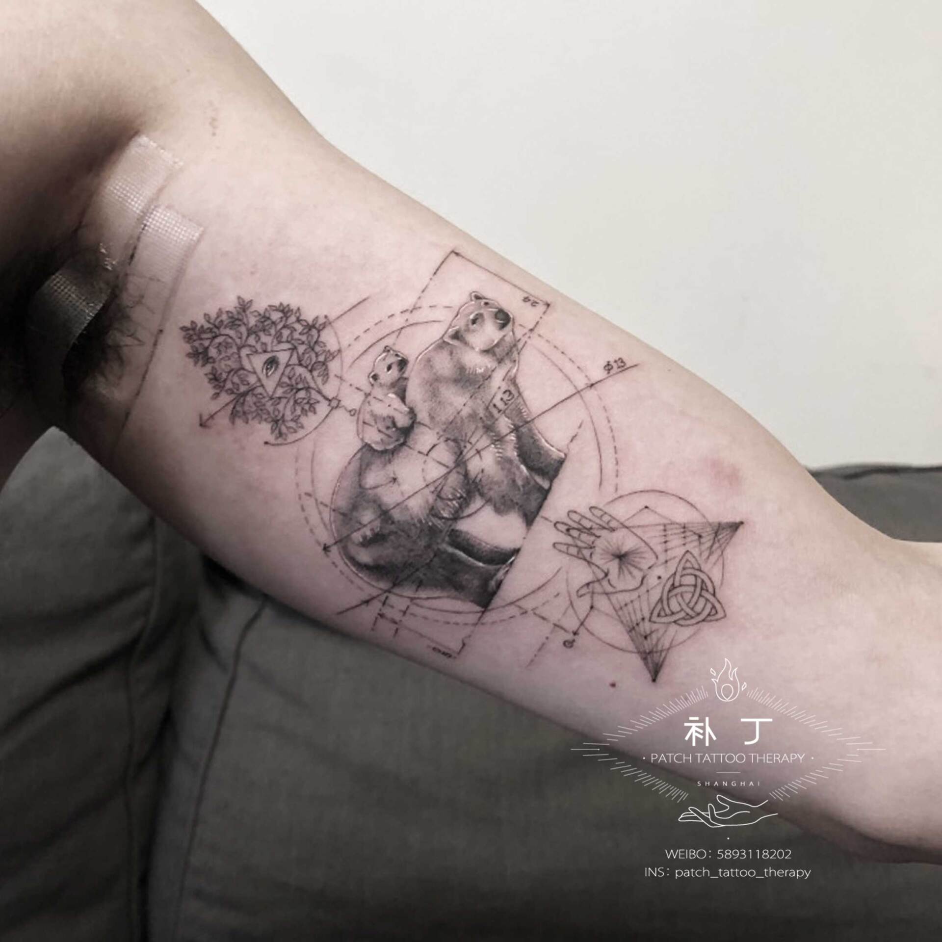Inner arm tattoo feature a mother bear with her cub, the eye of providence, triquetra, and a hand symbol in geometric style designed by Jingxi Gu at Patch Tattoo Therapy - angle 2