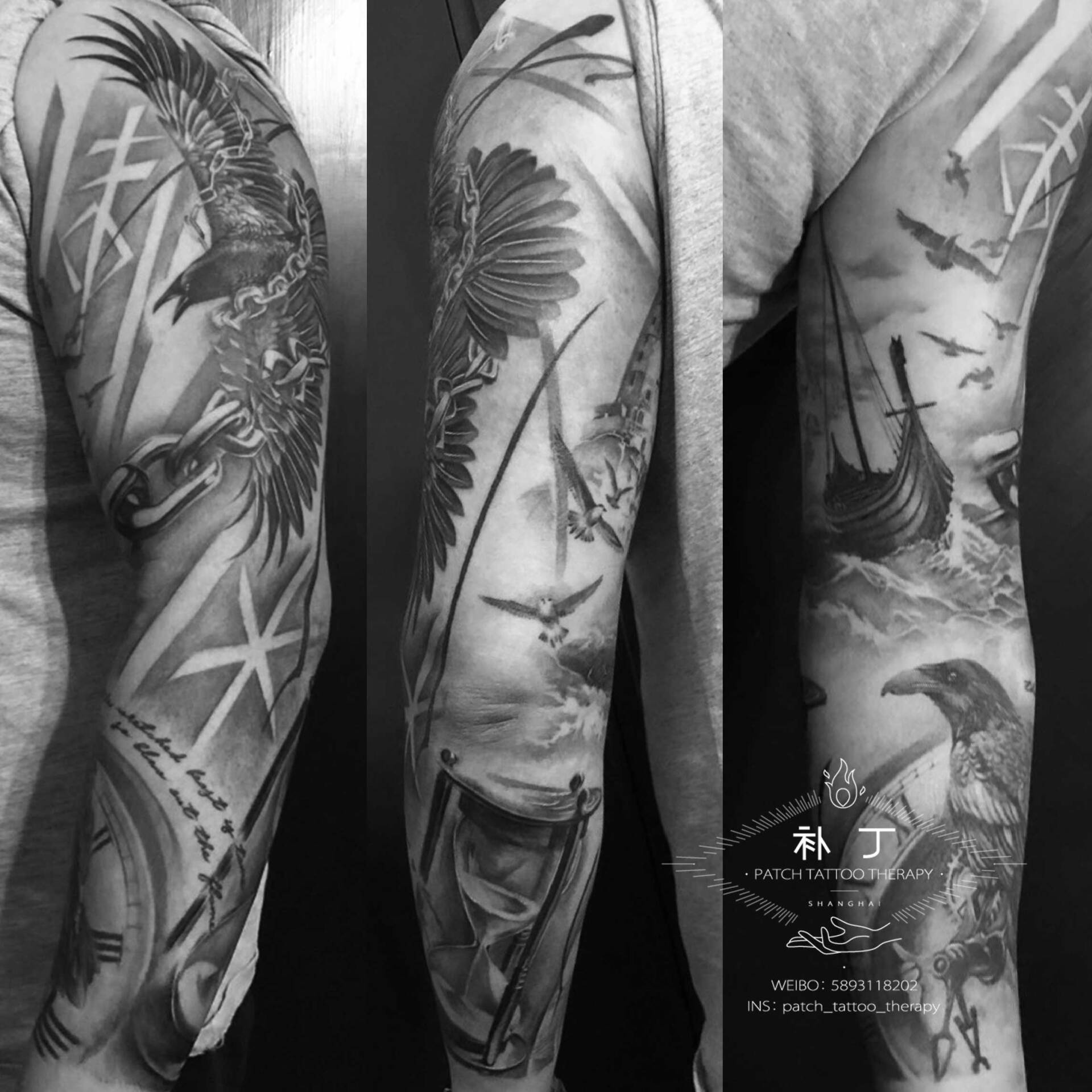 Full arm tattoo sleeve feature a bird, ship boat, hourglass, and clock in grey and grey realistic style designed by Jingxi Gu at Patch Tattoo Therapy - angle 1