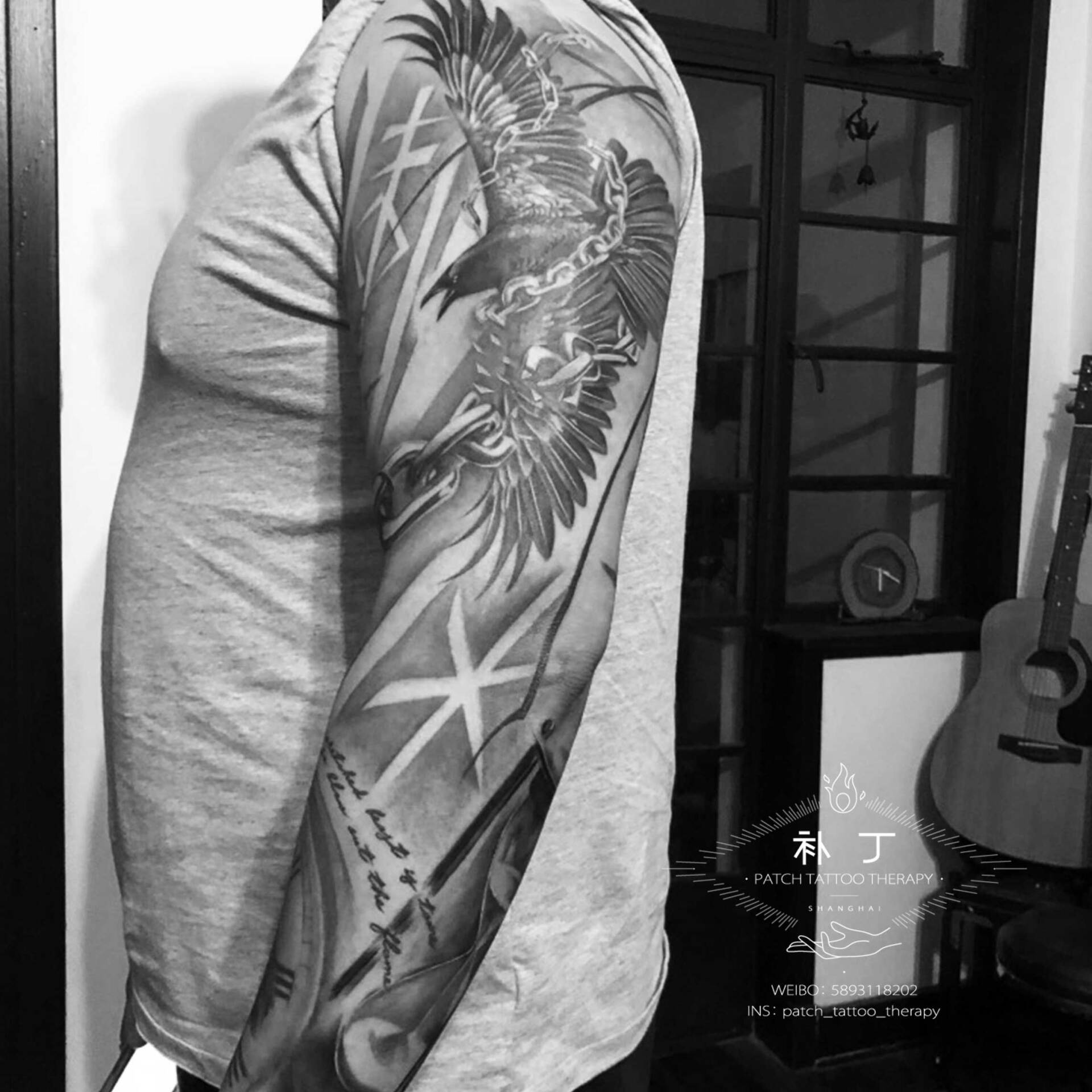 Full arm tattoo sleeve feature a bird, ship boat, hourglass, and clock in grey and grey realistic style designed by Jingxi Gu at Patch Tattoo Therapy - angle 2