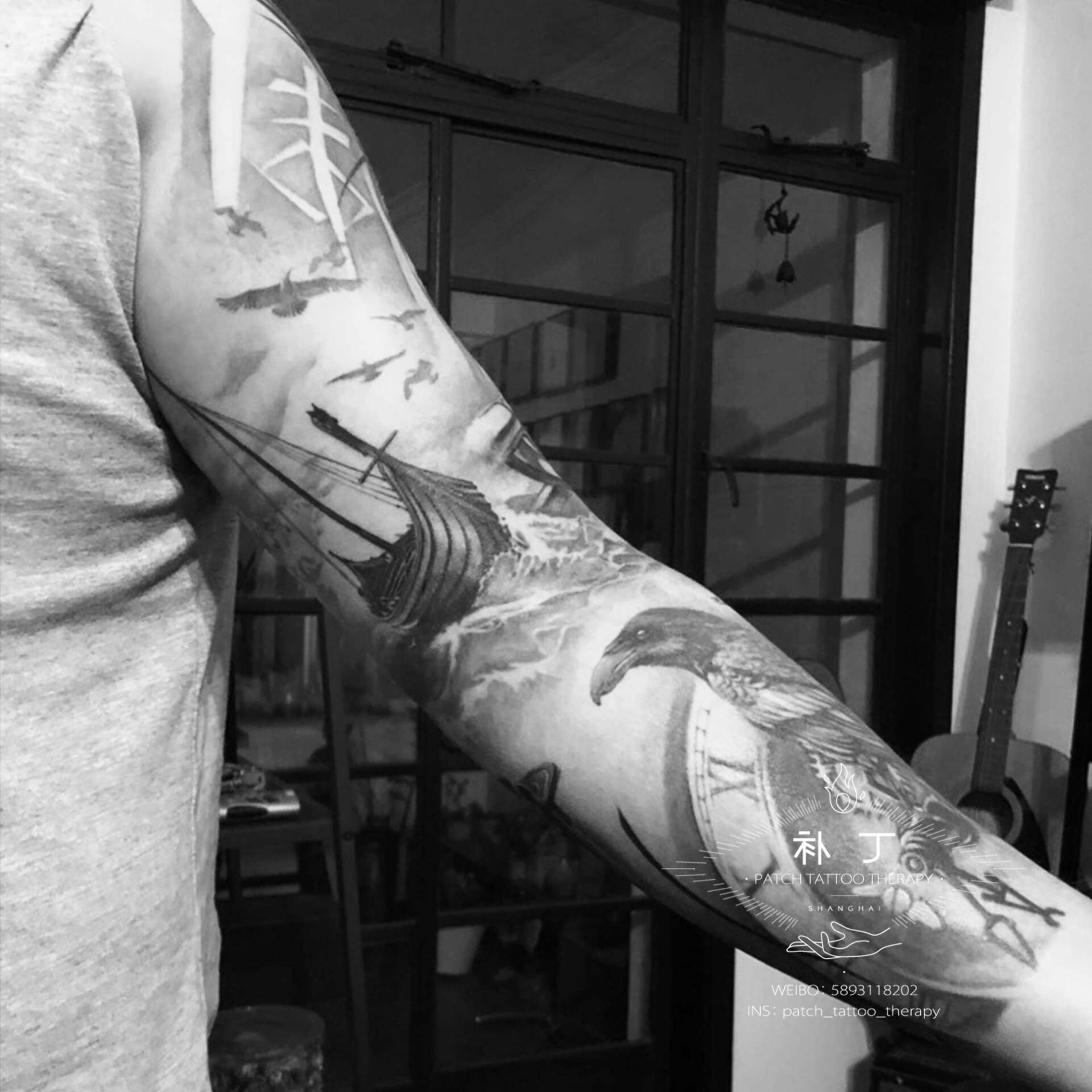 Full arm tattoo sleeve feature a bird, ship boat, hourglass, and clock in grey and grey realistic style designed by Jingxi Gu at Patch Tattoo Therapy - angle 4