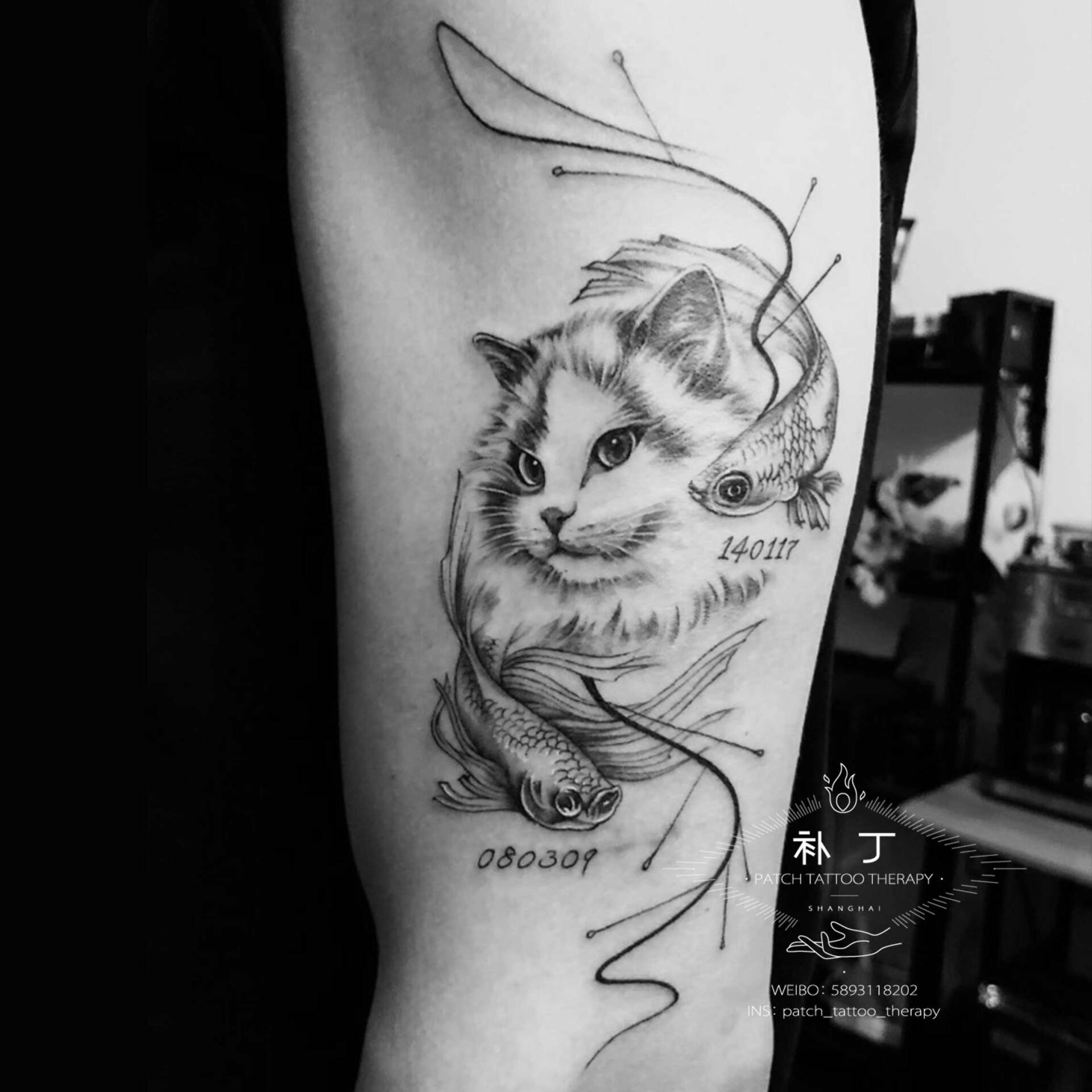 Outside arm tattoo of a cat with two fish in geometric style designed by Jingxi Gu at Patch Tattoo Therapy