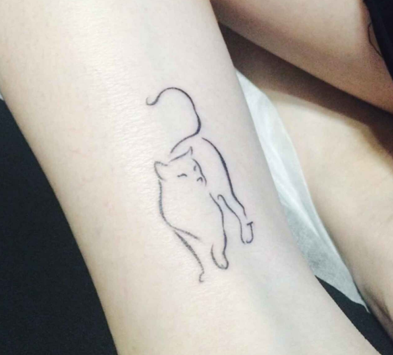 Outside forearm tattoo of a cat outline designed by Jingxi Gu at Patch Tattoo Therapy