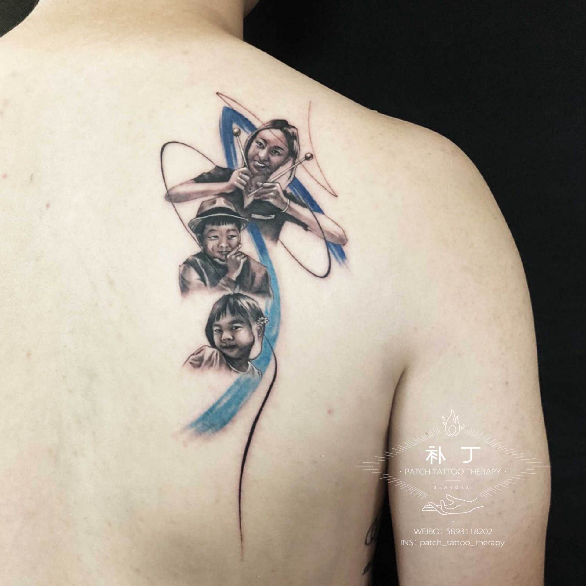 Back tattoo of a mother knitting with two children in geometric style designed by Jingxi Gu at Patch Tattoo Therapy - angle 1