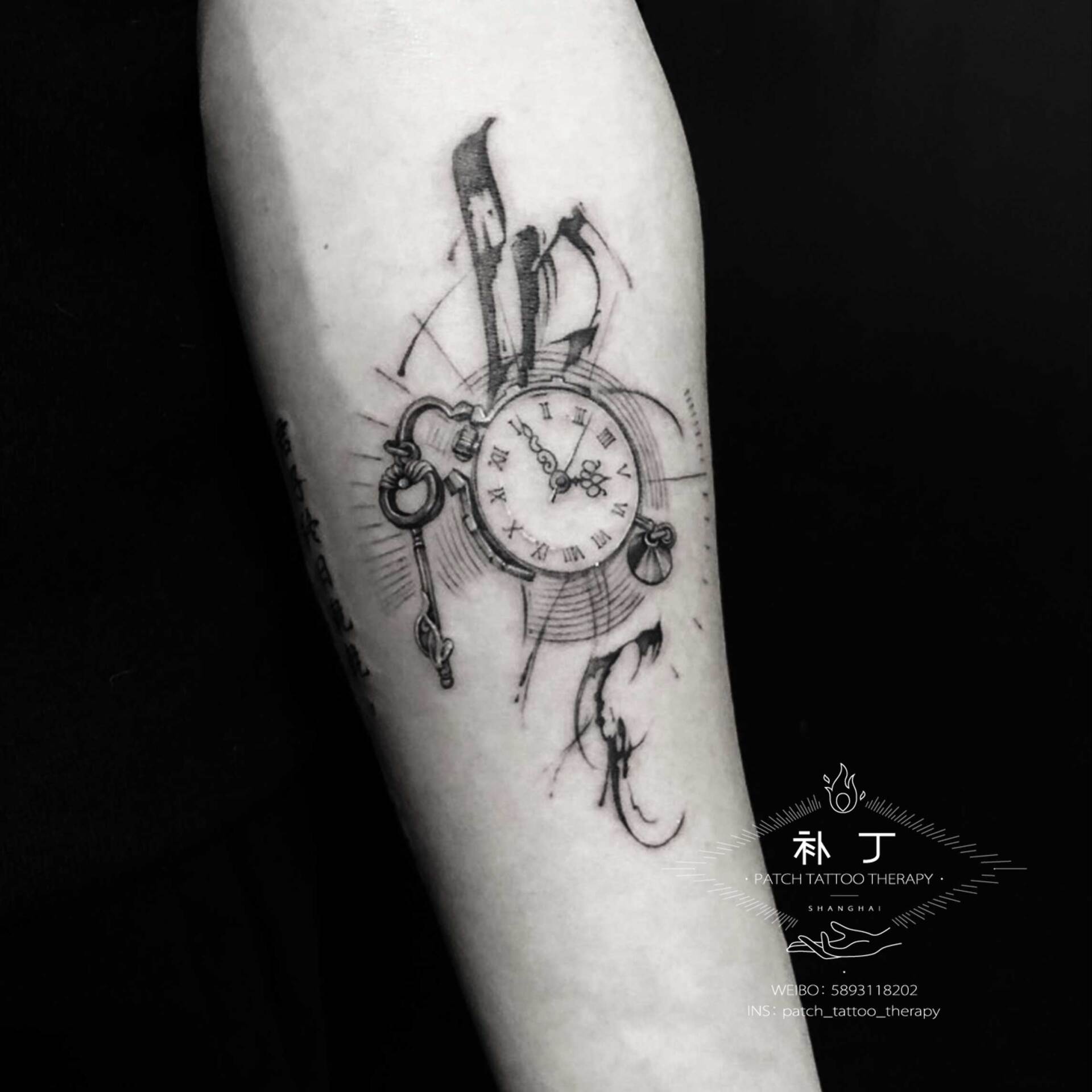 Calf tattoo of a clock, keys, and chinese text in geometric style designed by Jingxi Gu at Patch Tattoo Therapy - angle 1