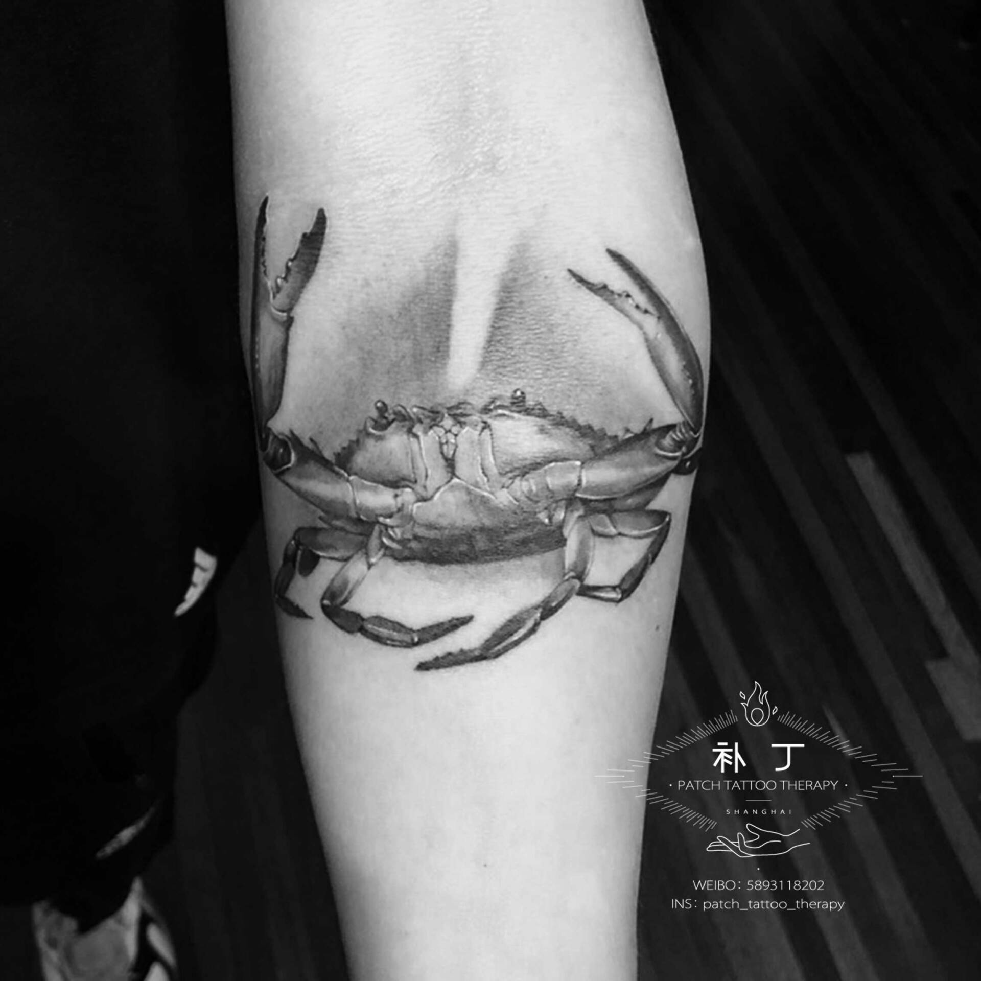 Inner forearm crab tattoo in black and grey realistic style designed by Jingxi Gu at Patch Tattoo Therapy