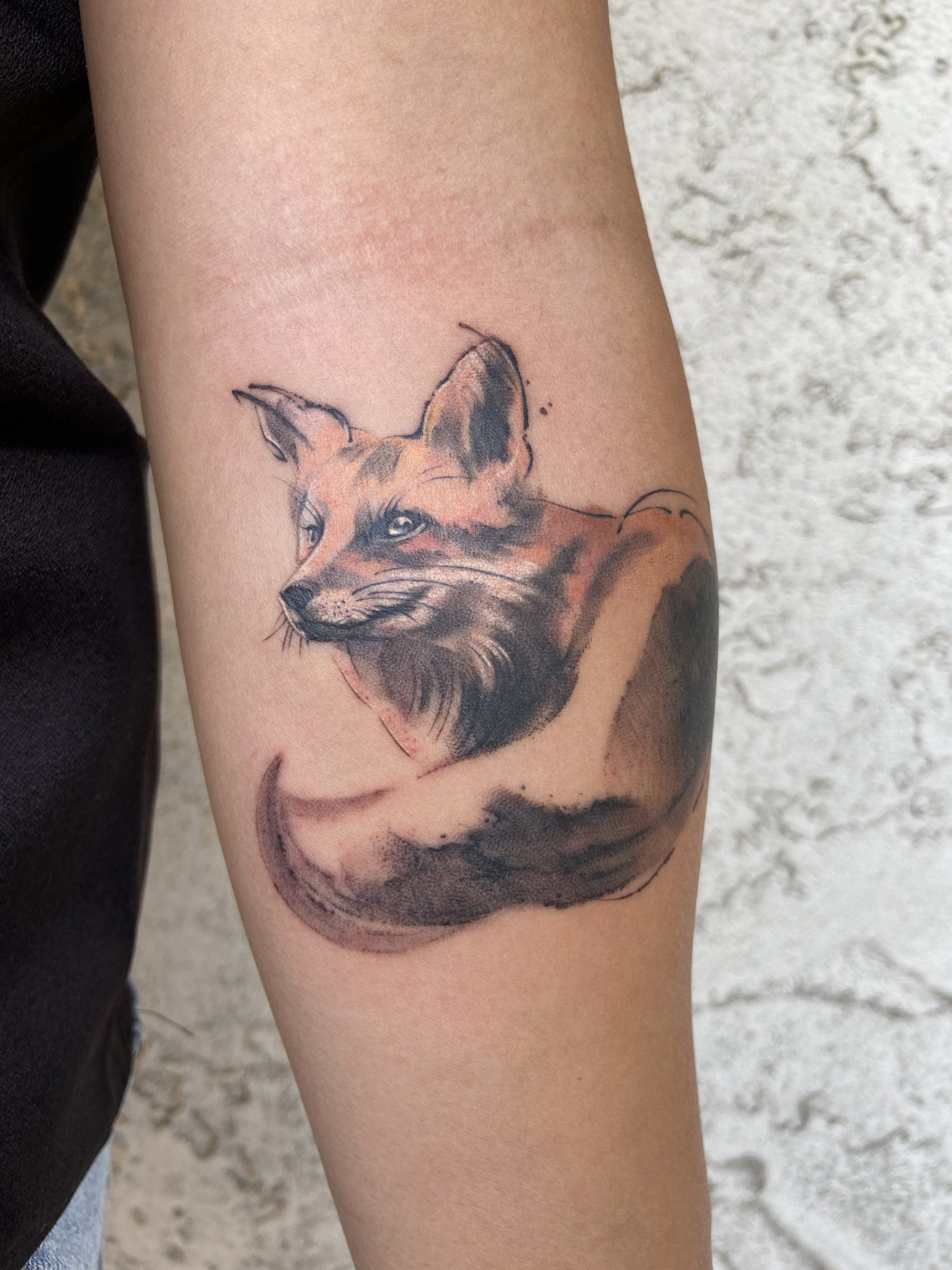 Inner arm tattoo of a fox in Chinese Painting style designed by Jingxi Gu at Patch Tattoo Therapy - angle 2