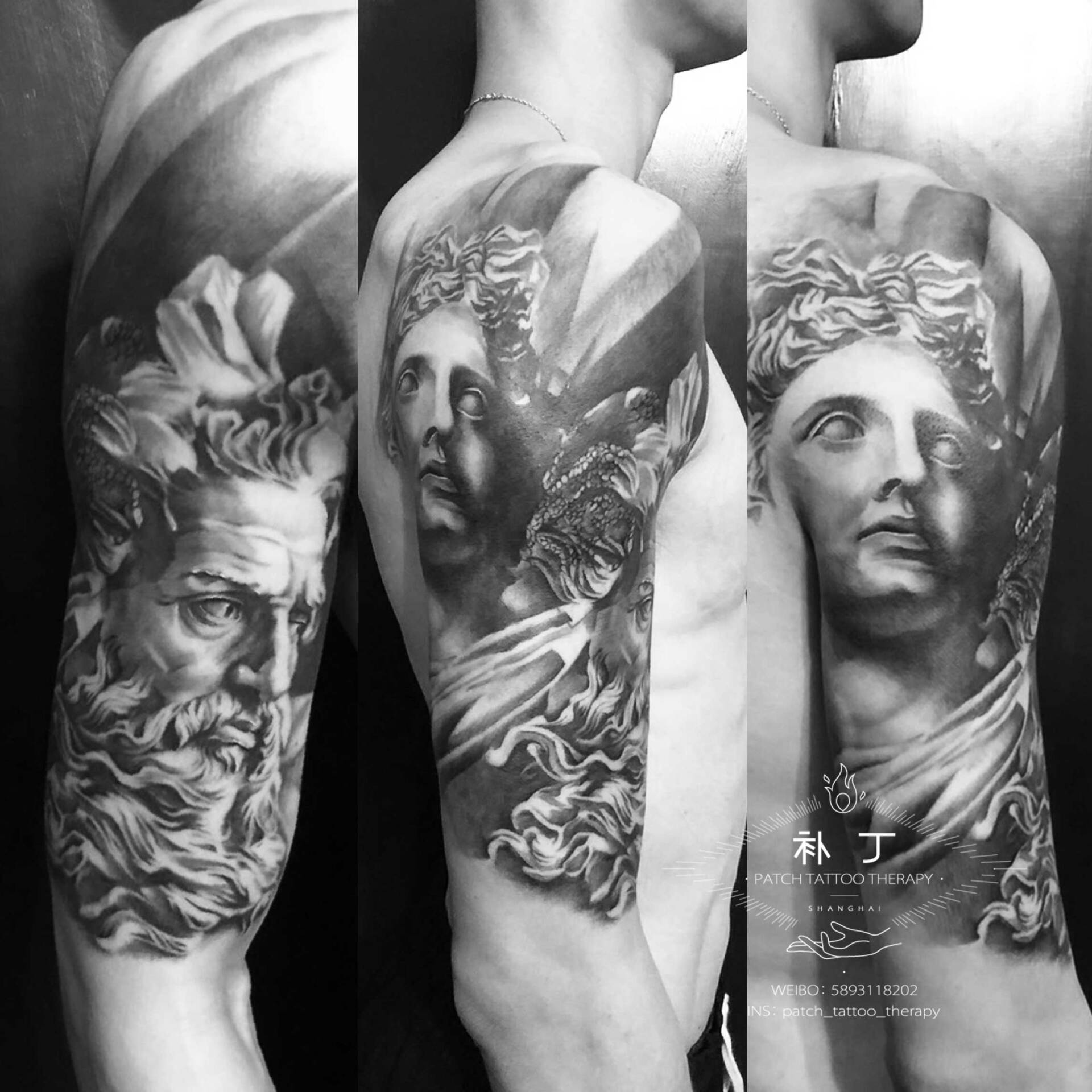 Epic greek arm sleeve tattoo of Zeus and other Greek God in black and grey realistic style designed by Jingxi Gu at Patch Tattoo Therapy