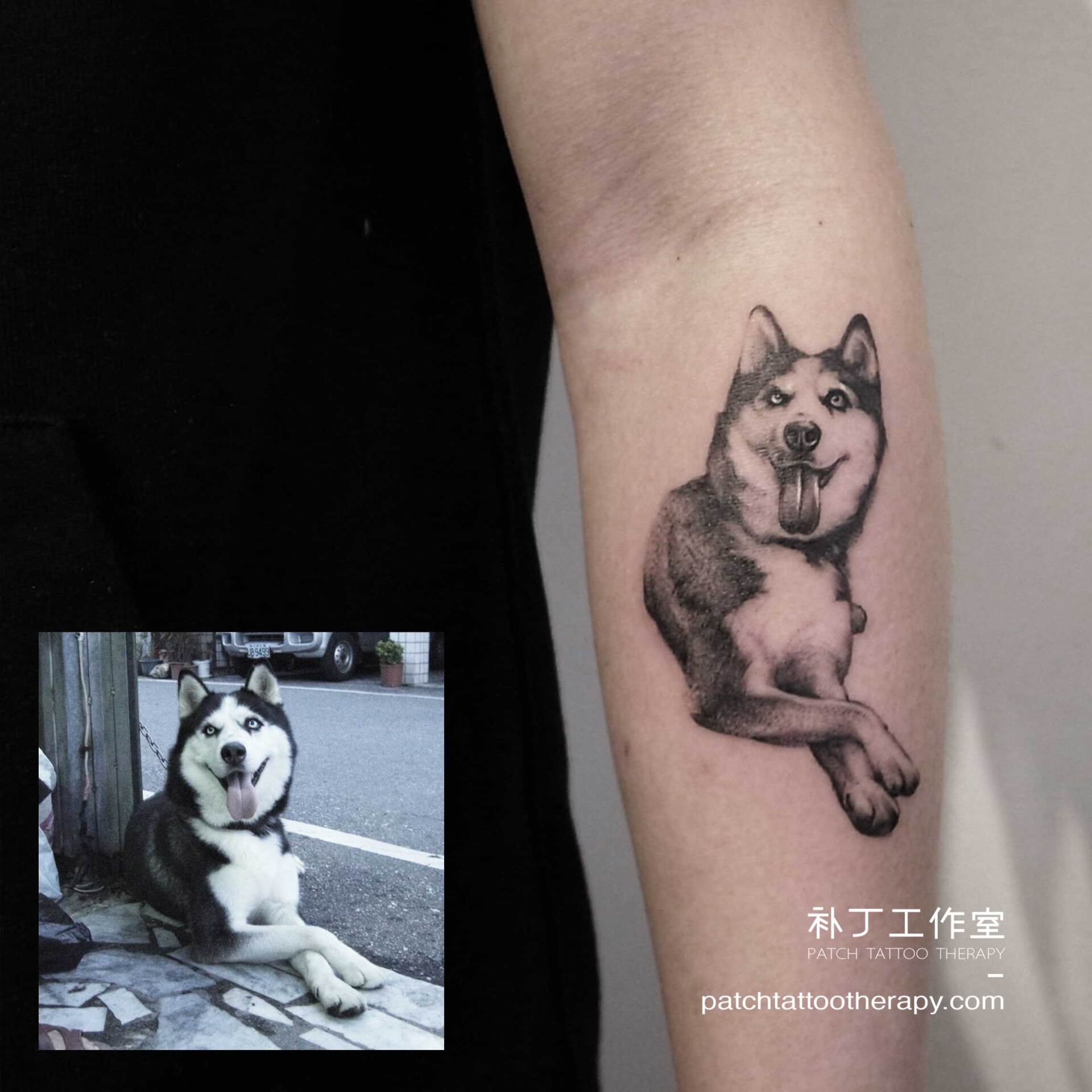 Inner forearm husky portrait tattoo in realistic black and white designed by Jingxi Gu at Patch Tattoo Therapy - angle 1