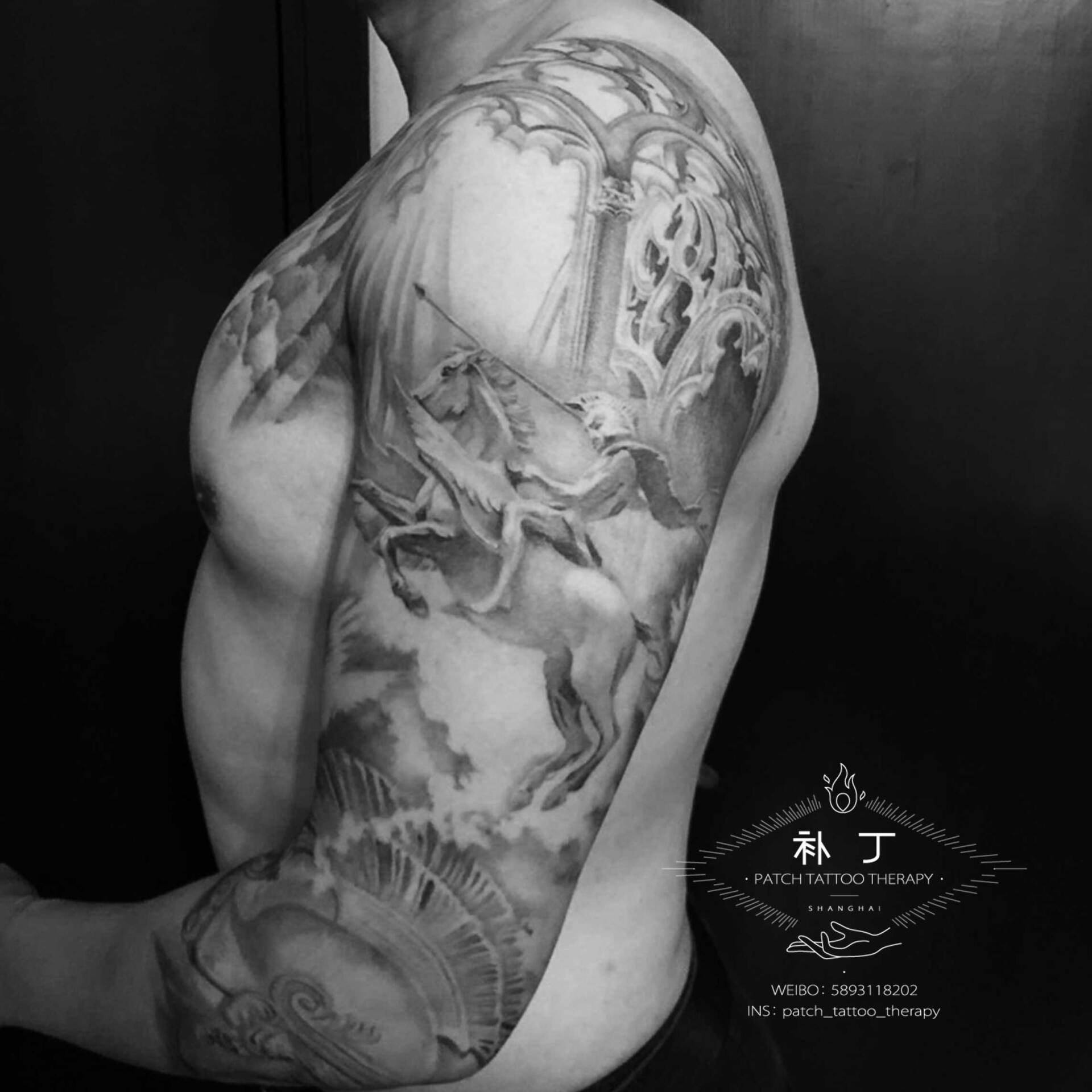 Arm sleeve tattoo of a knight and sun rays in black and grey style designed by Jingxi Gu at Patch Tattoo Therapy - angle 2