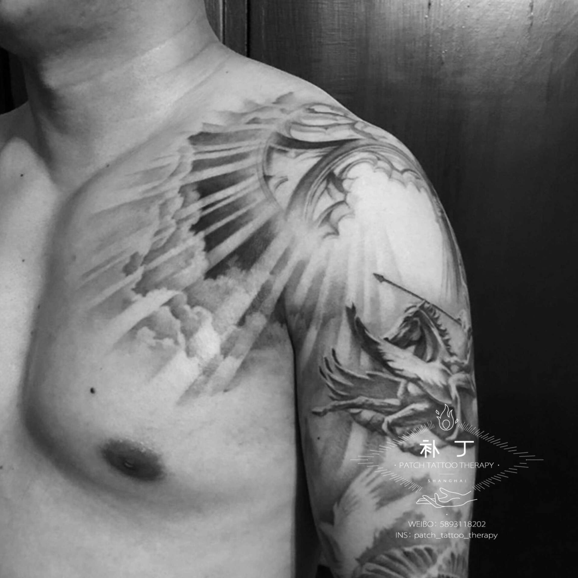Arm sleeve tattoo of a knight and sun rays in black and grey style designed by Jingxi Gu at Patch Tattoo Therapy - angle 3