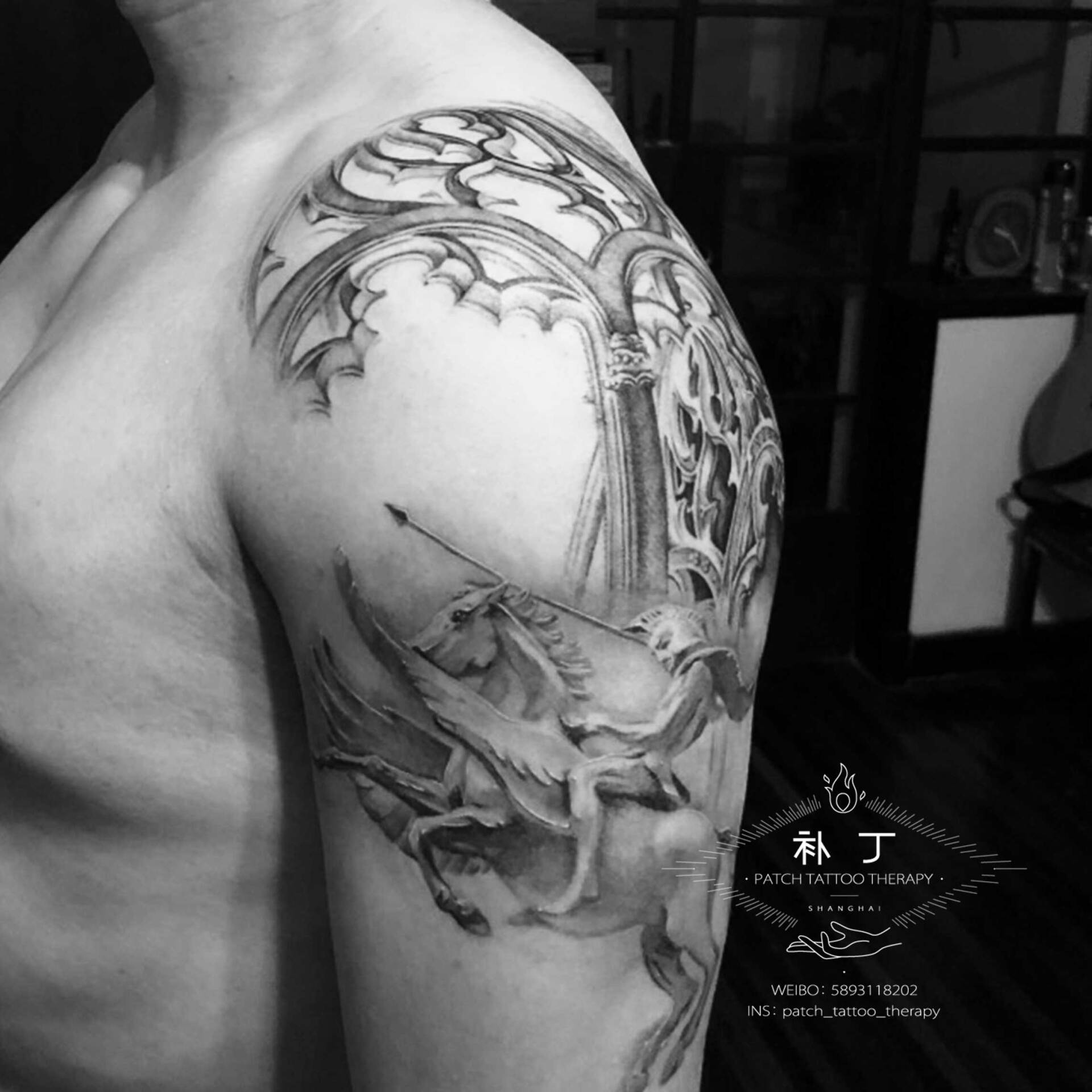 Arm sleeve tattoo of a knight and sun rays in black and grey style designed by Jingxi Gu at Patch Tattoo Therapy - angle 4