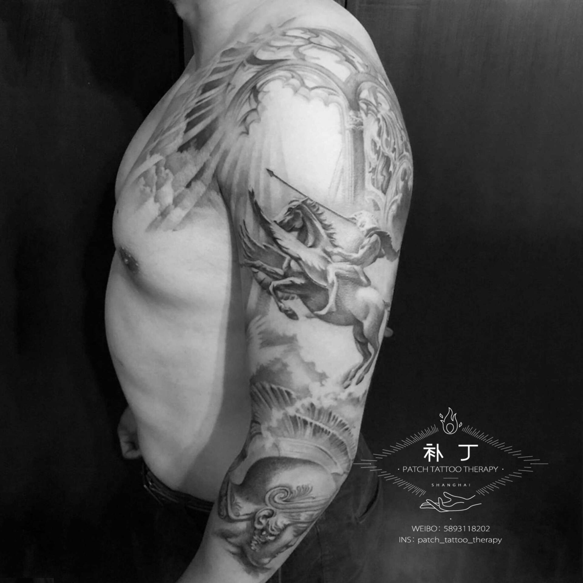 Arm sleeve tattoo of a knight and sun rays in black and grey style designed by Jingxi Gu at Patch Tattoo Therapy - angle 1
