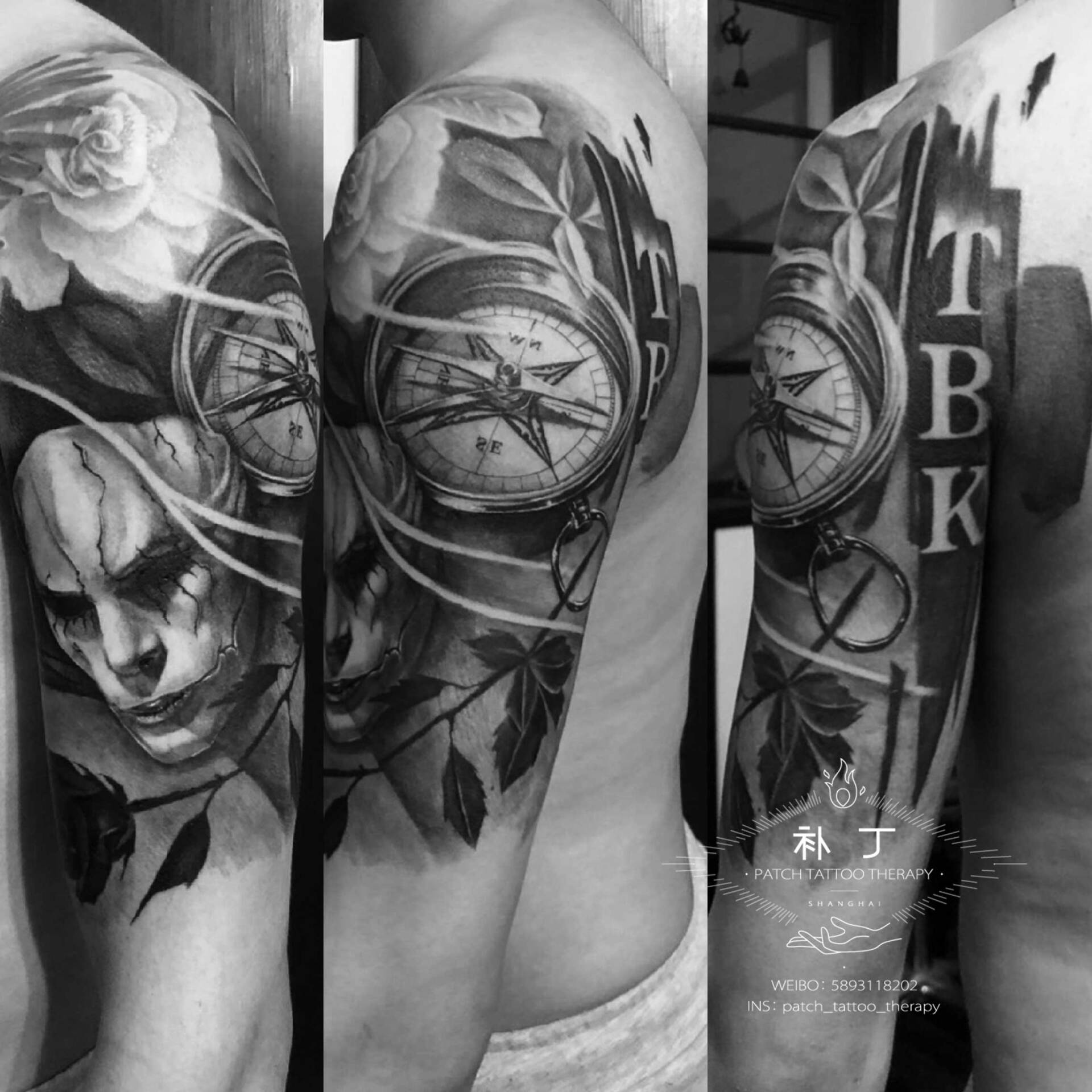 Half upper arm sleeve tattoo of a masked man, clock and rose in black and grey realistic style designed by Jingxi Gu at Patch Tattoo Therapy - angle 1