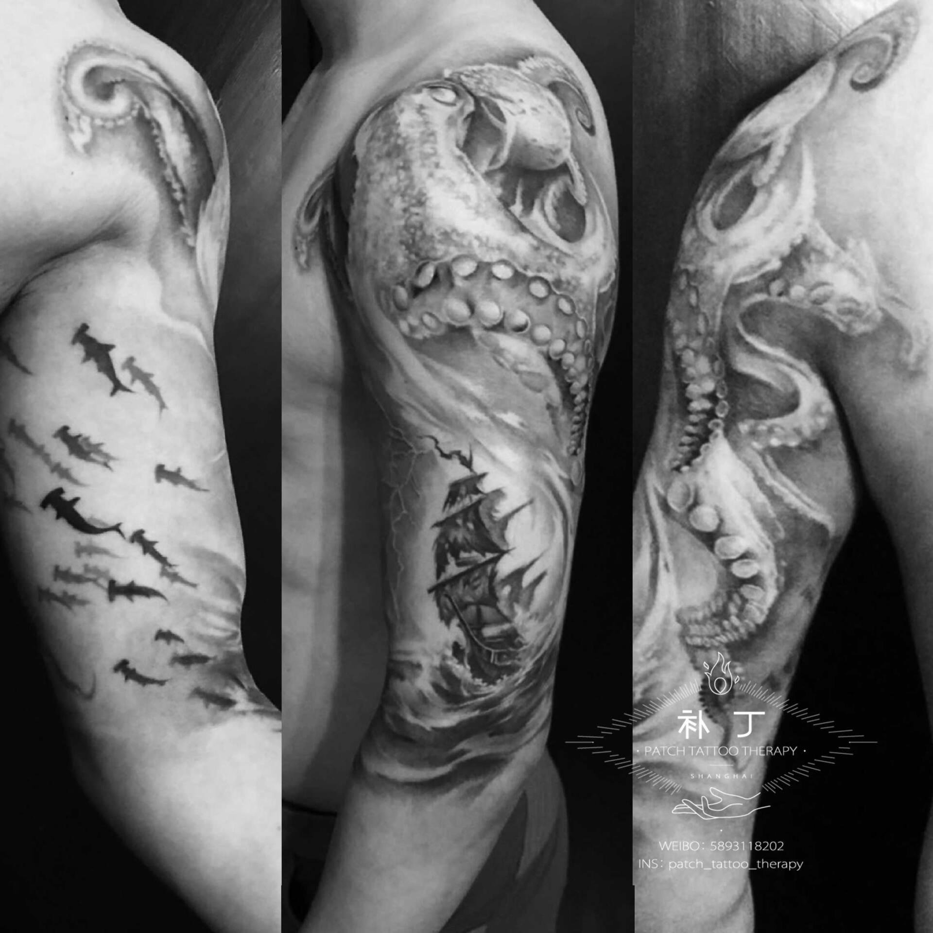Half upper arm sleeve of an octopus, ship, and hammerhead sharks in black and grey realistic style designed by Jingxi Gu at Patch Tattoo Therapy - angle 1
