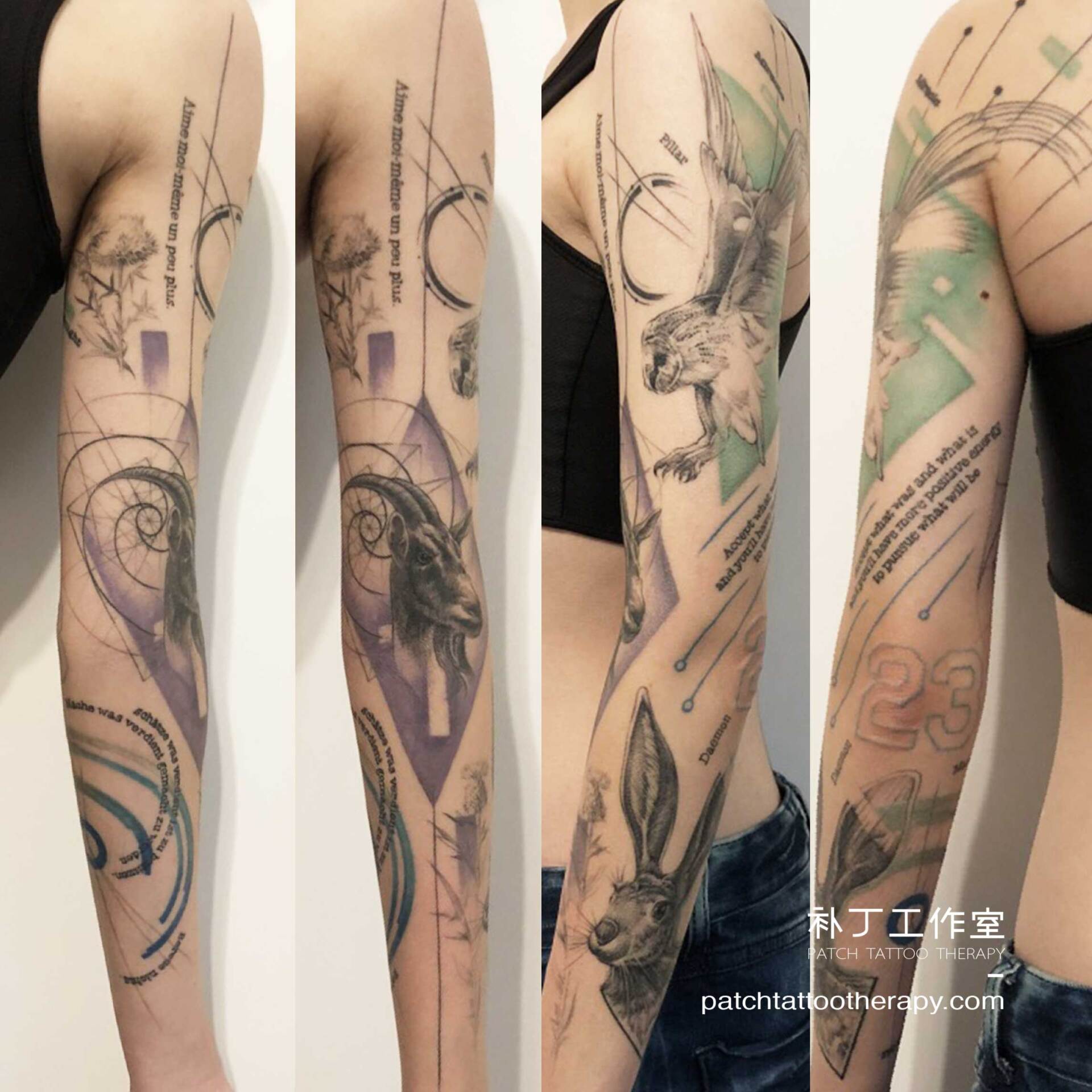 Full arm sleeve of rabbit, owl, goat, and text in colored geometric hybrid style designed by Jingxi Gu at Patch Tattoo Therapy