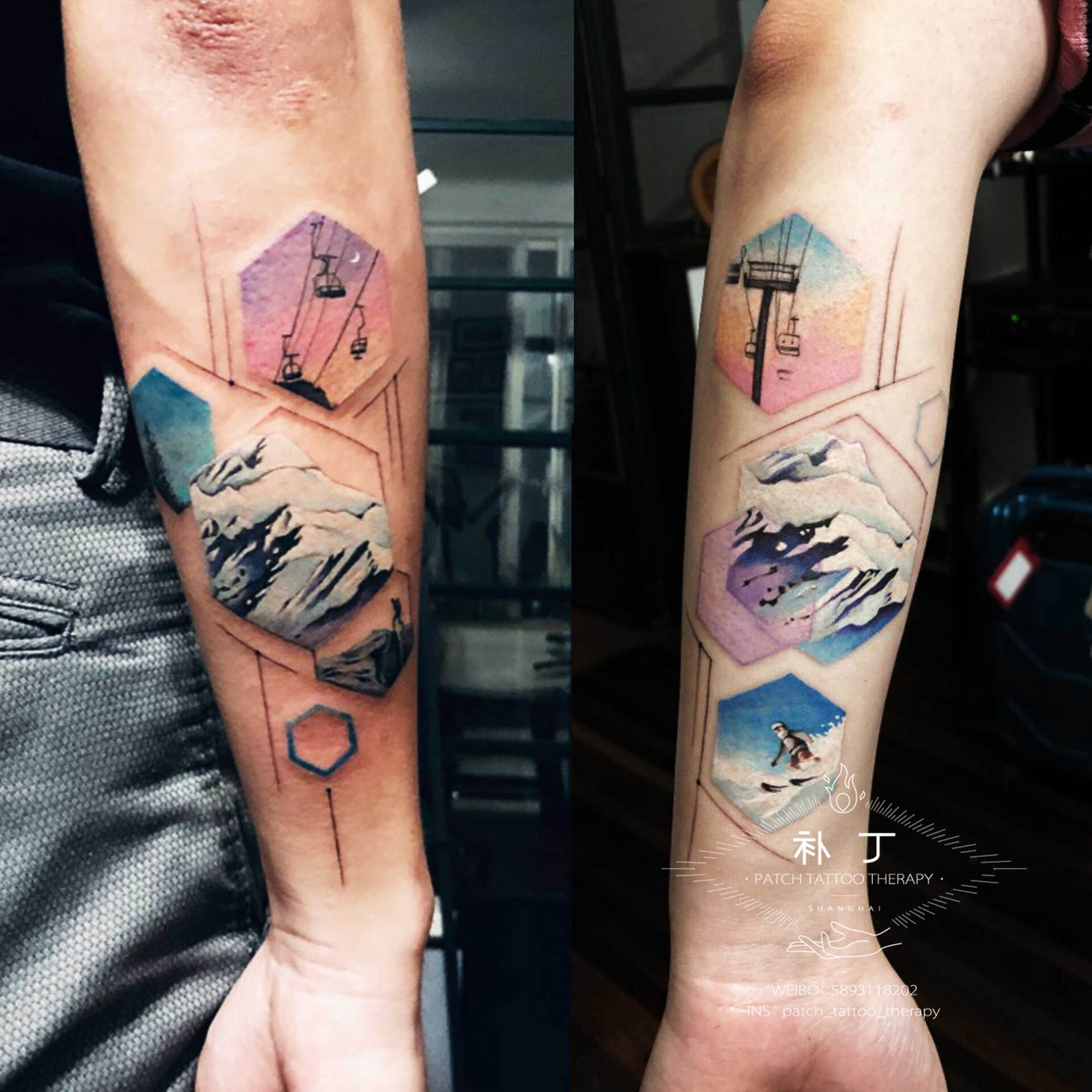 Forearm tattoo of a ski trip in the mountains in colorful geometric style designed by Jingxi Gu at Patch Tattoo Therapy