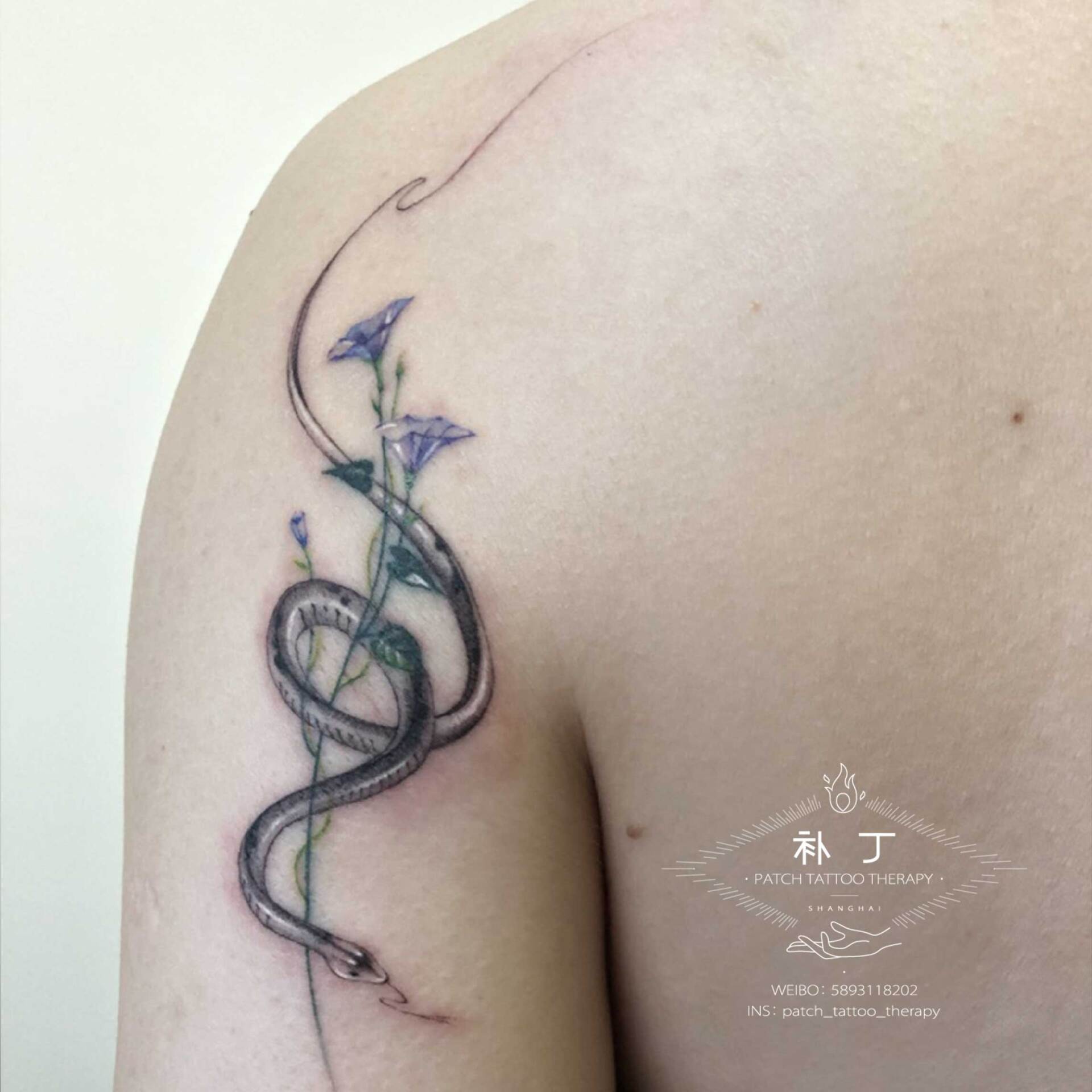 Back shoulder tattoo of a snake and flowers in micro mini color designed by Jingxi Gu at Patch Tattoo Therapy