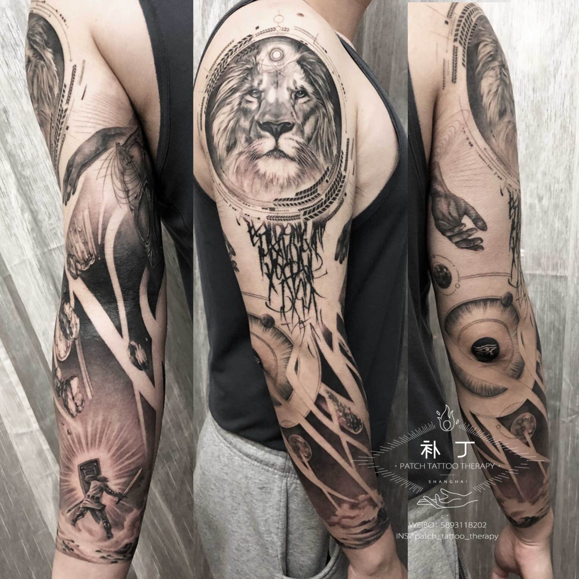 Full arm sleeve featuring a man fighting off meteors and comets with a lion portrait on the shoulder in black and grey realistic style designed by Jingxi Gu at Patch Tattoo Therapy - angle 1