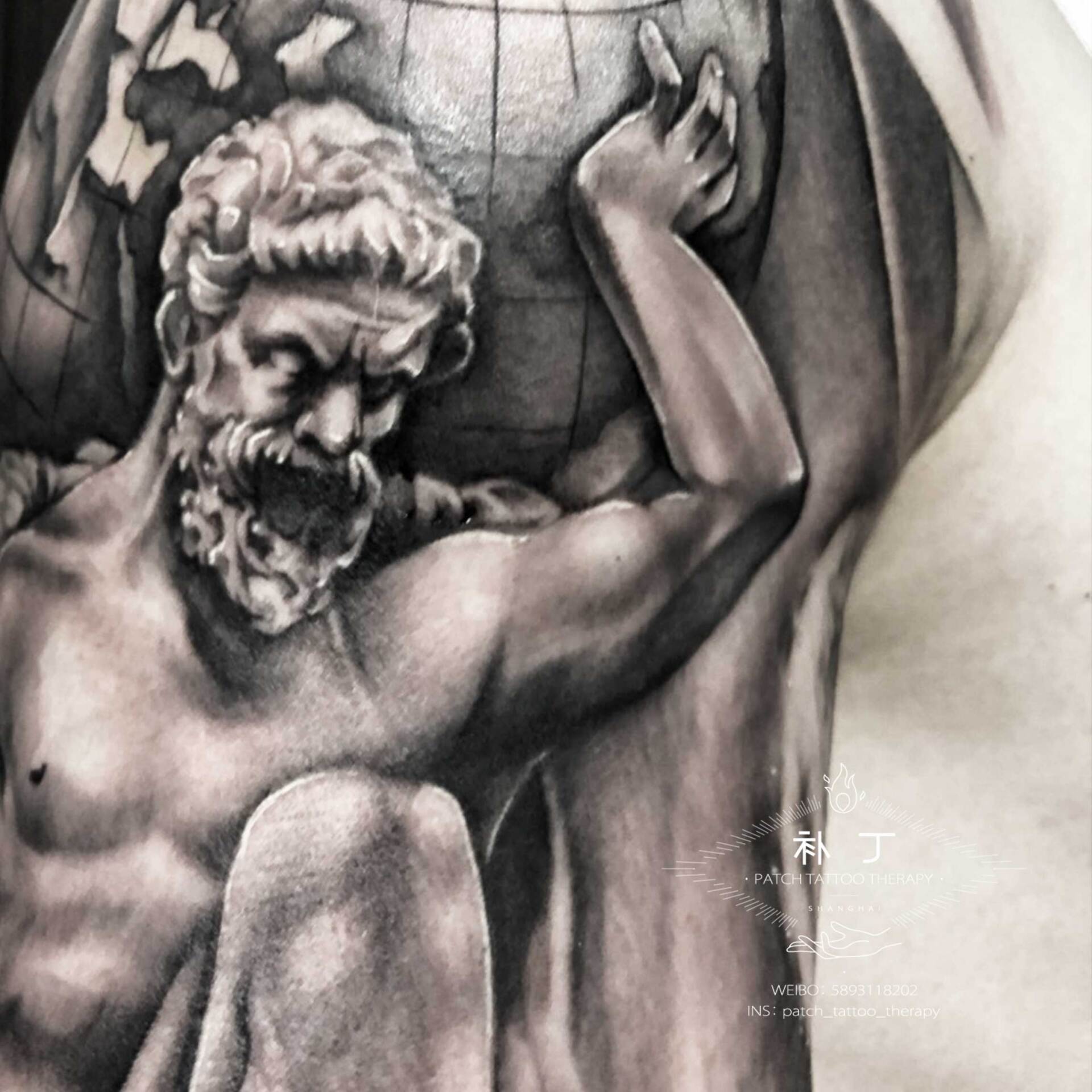 Full arm sleeve featuring a man fighting off meteors and comets with a lion portrait on the shoulder in black and grey realistic style designed by Jingxi Gu at Patch Tattoo Therapy - angle 2