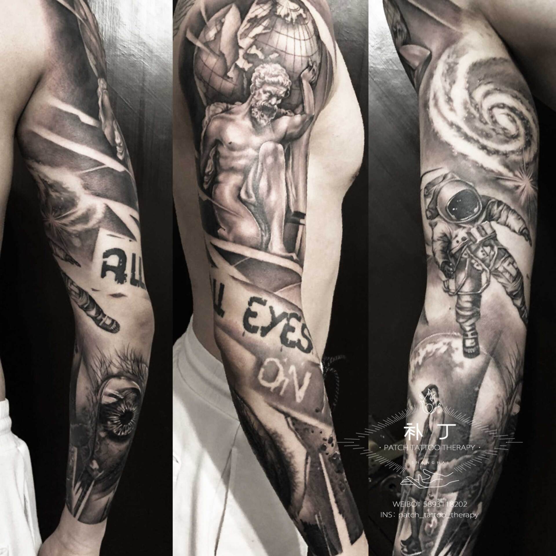Full arm tattoo sleeve featuring a greek god holding up the earth, astronaut spaceman, eye back, and noir man in black and grey style designed by Jingxi Gu at Patch Tattoo Therapy - angle 1