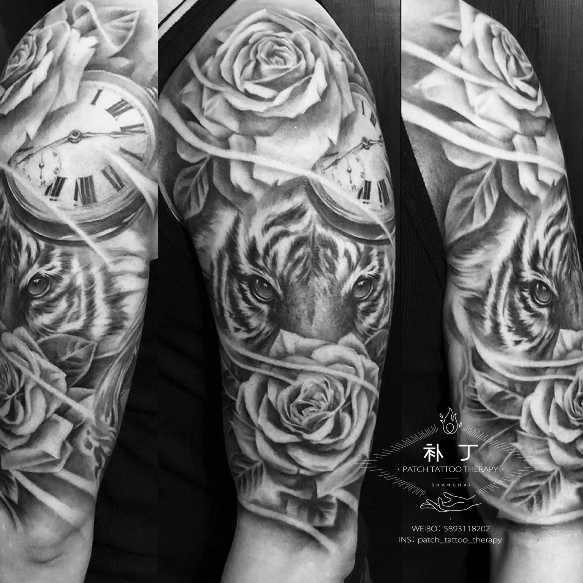 Half upper arm tattoo sleeve of a lion between two roses and a clock in black and grey realistic style designed by Jingxi Gu at Patch Tattoo Therapy - angle 1