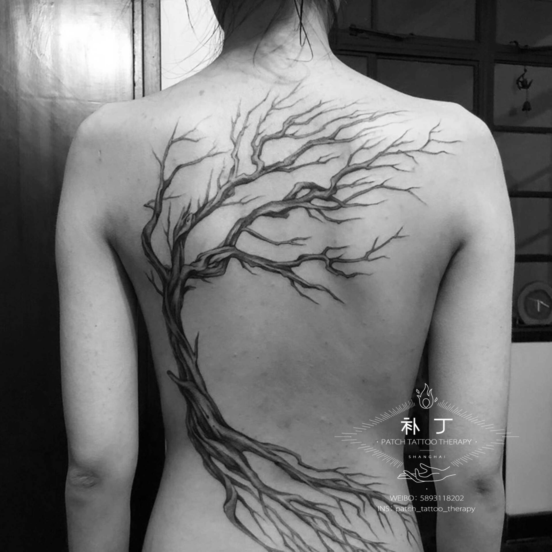 Full back tattoo of a tree with no leaves in black and grey realistic style designed by Jingxi Gu at Patch Tattoo Therapy