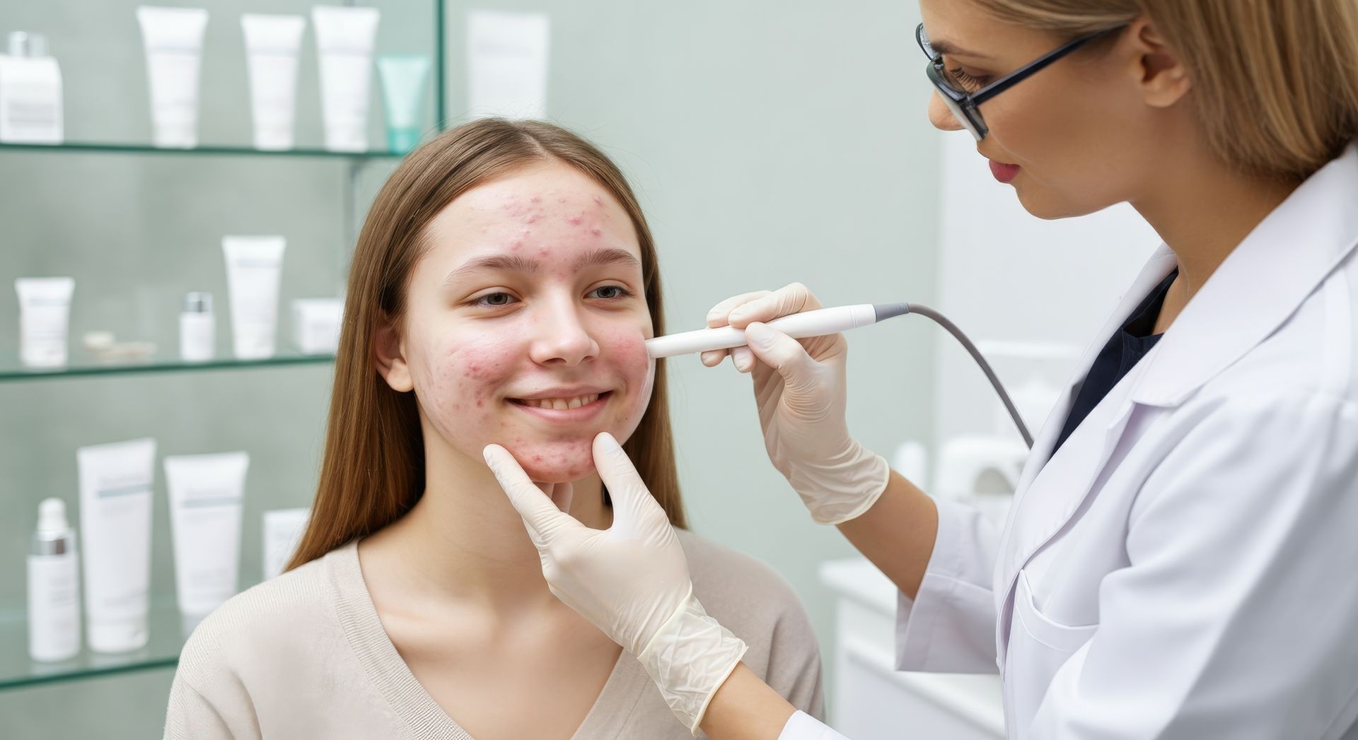 Dermatologist conducting acne treatment on young Caucasian female patient in clinic.