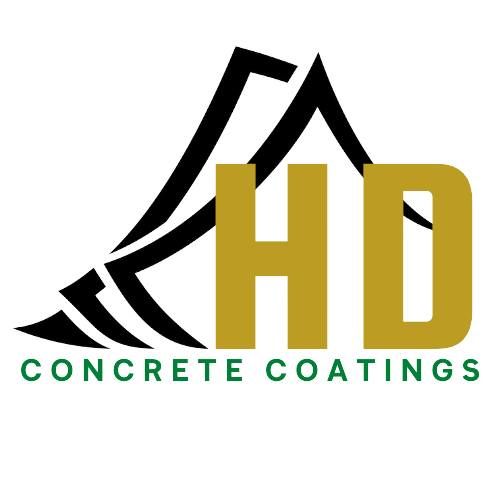Logo for HD Concrete Coatings: black graphic of a structure over gold letters "HD" on white, green text "CONCRETE COATINGS."
