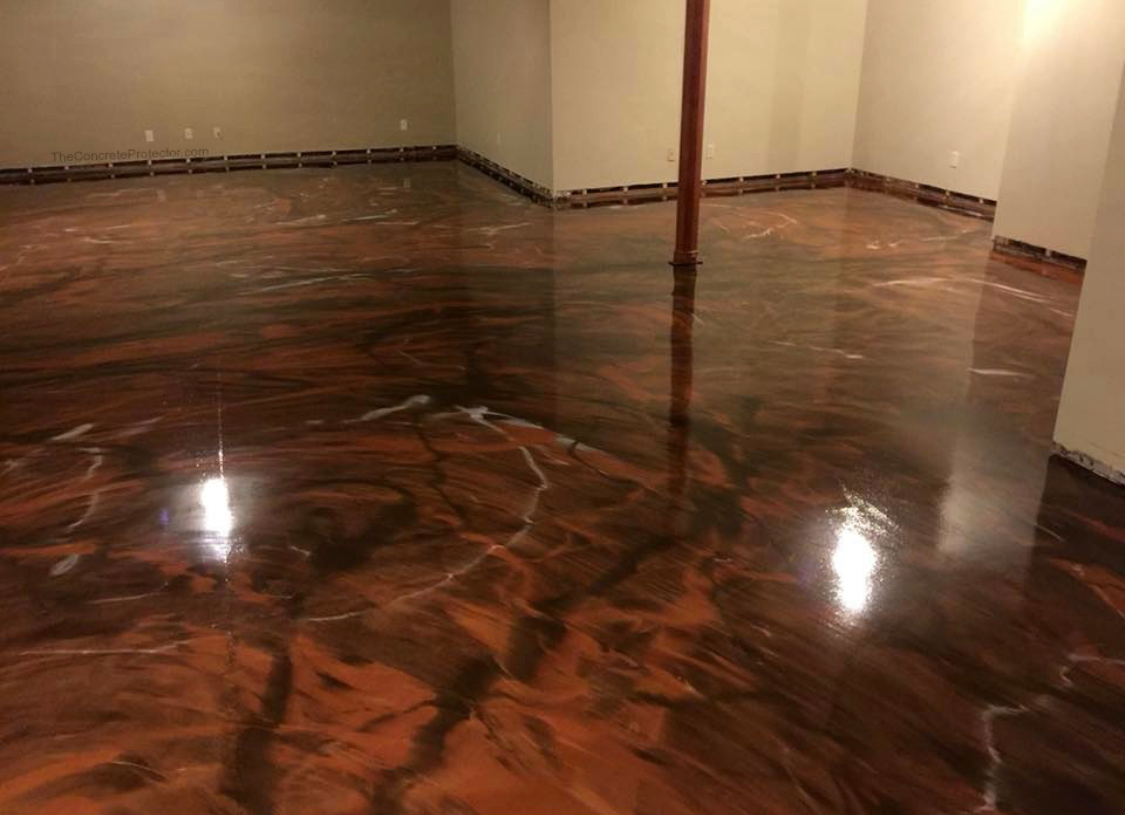 Shiny, reddish-brown epoxy floor with white veining in a room.