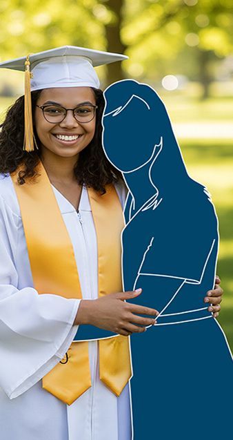 blue silhouette of mother holding child, autumn leaves.