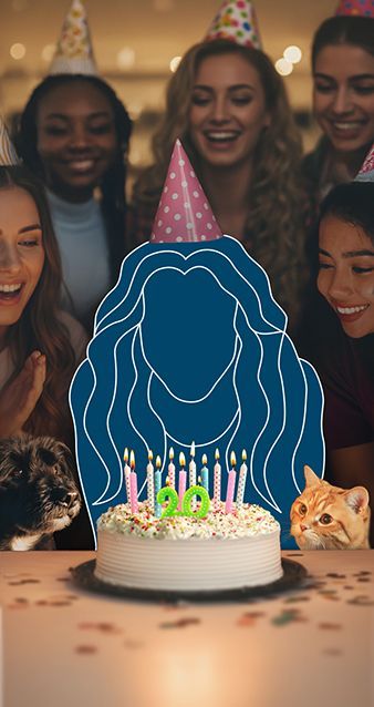 Two women and a pregnant woman in silhouette celebrating with cupcakes at a baby shower.