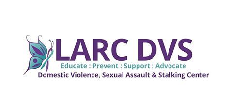 Logo for LARC DVS, a domestic violence center, featuring a butterfly, with text: Educate, Prevent, Support, Advocate.