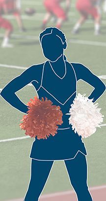 Cheerleader in blue silhouette with pom-poms on a football field. Pom-poms are orange and white.