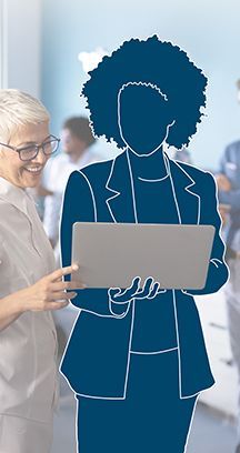 Woman points at laptop held by a blue silhouetted person; office background with people.