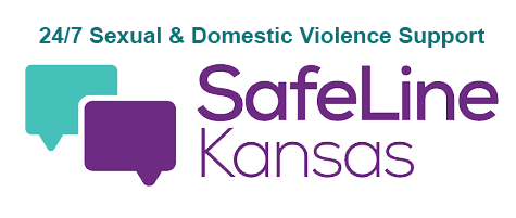 SafeLine Kansas logo: turquoise and purple speech bubbles, 