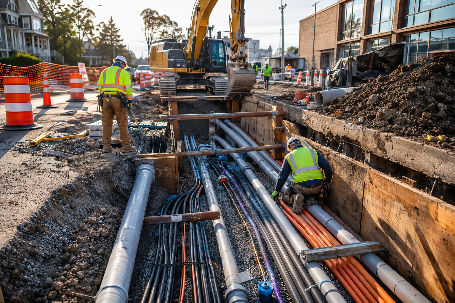 Roadwork crew installing underground utility pipes at a city construction site with excavator and traffic cones