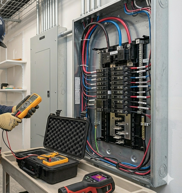 Electrician testing an open circuit breaker panel with a meter in a workshop.