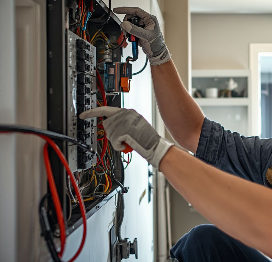 Electrician wiring an open electrical panel with gloved hands indoors.