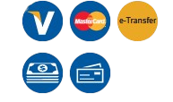 Blue and yellow payment icons for Visa, Mastercard, e-Transfer, cash, and credit card