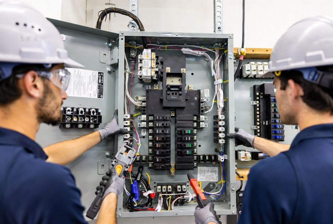 Two electricians inspecting an open electrical control panel with tools in a workshop.