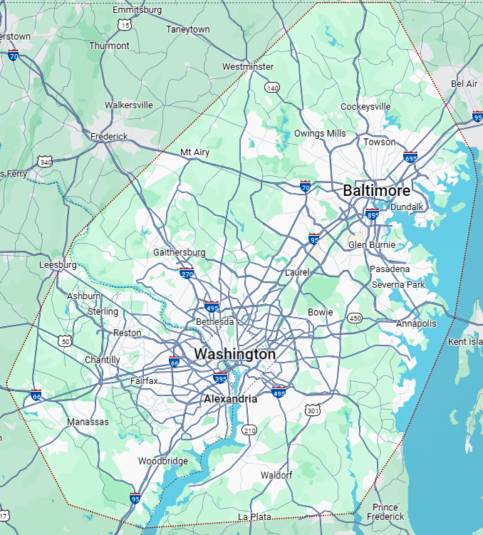 A map of the state of maryland with roads and cities.