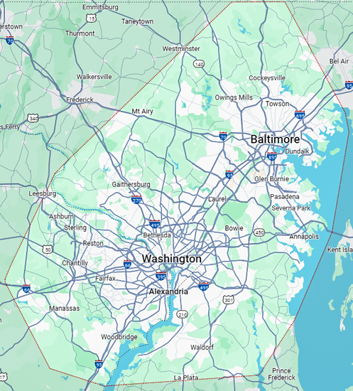 A map of the state of maryland with roads and cities.