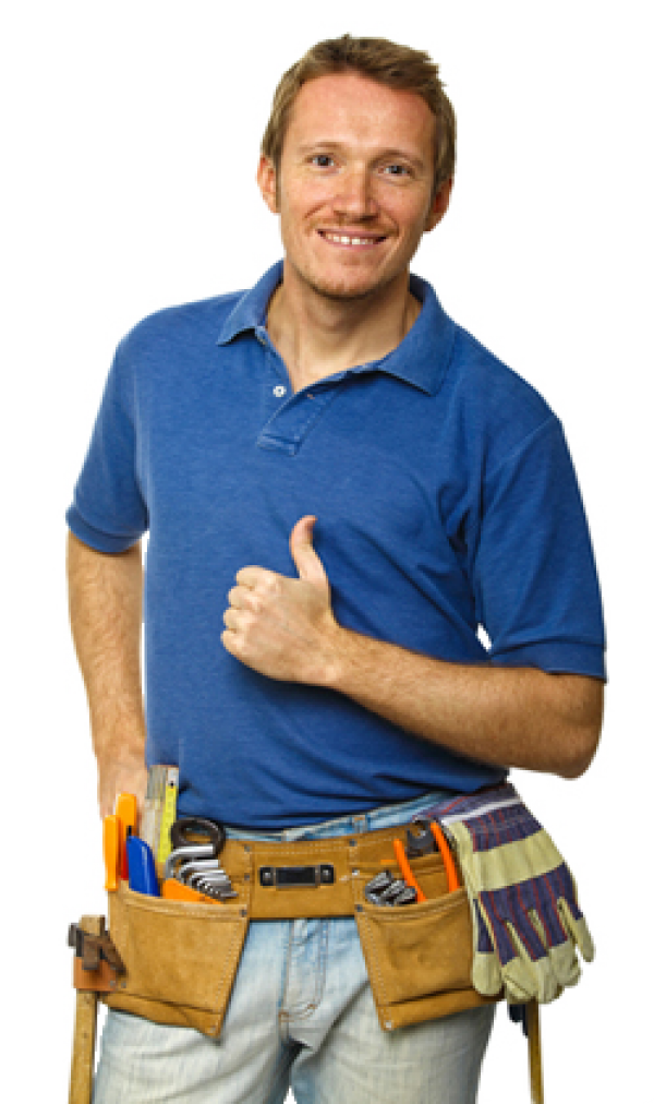 A man wearing a blue shirt and a tool belt is standing with his arms crossed.