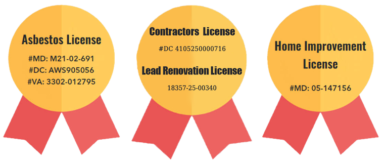 Three ribbons that say asbestos license mold remediation license and home improvement license