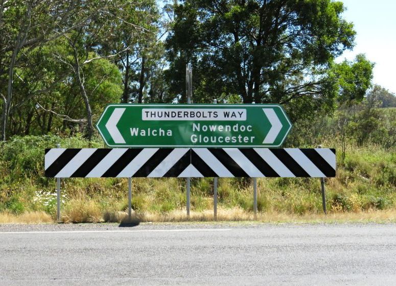 A Green Sign on the Side of the Road Says Thunderbolts Way — Nick Blackman Electrical Pty Ltd In Walcha, NSW