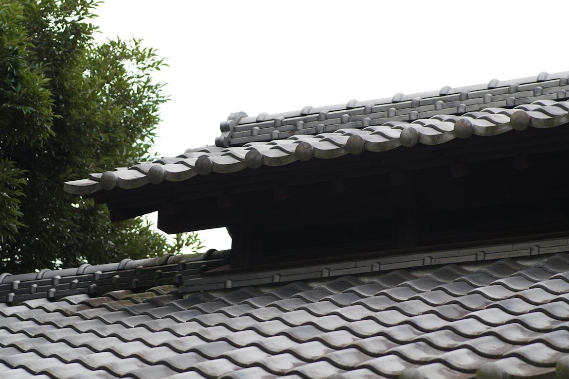Close-up of a traditional Japanese tiled roof with a dark wooden beam and a tree in the background.