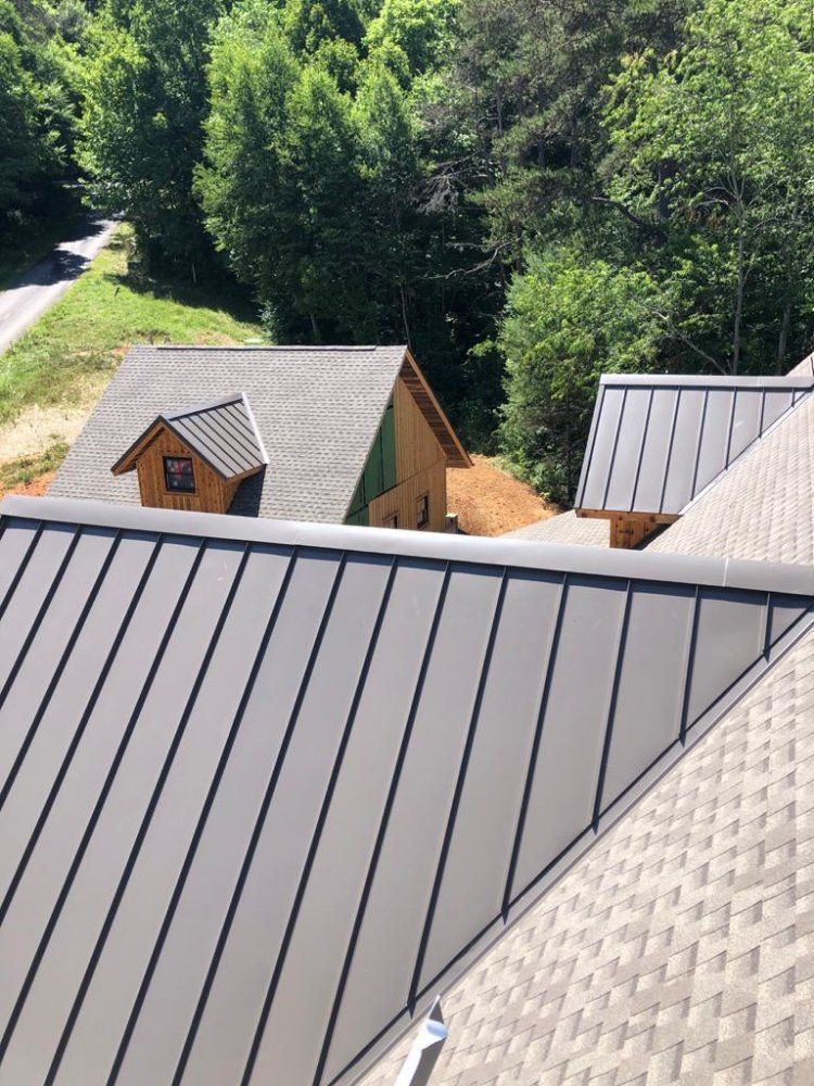 Gray metal roofs on a house, with a forested background and a road.