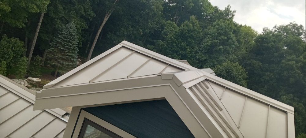 Metal roof with a view of a forested area.