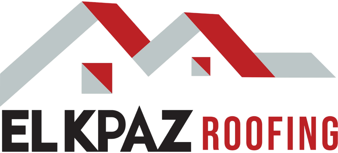 Logo for "Elk Paz Roofing" with stylized house roofs in gray and red.